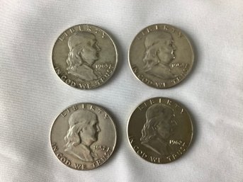 4 Franklin Half Dollars Dated 952, 1954, 1962, 1963 D (90 Per Cent Silver)