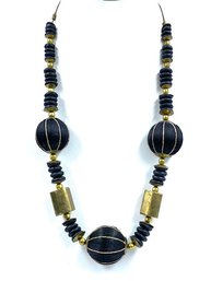 Brasstone & Black Fabric-accented Bead Necklace