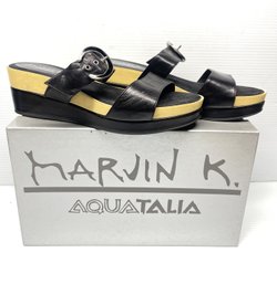 Marvin K. Aquatalia Black Double Banded Leather Wedge Sandal- Size 9.5