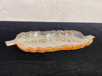 Vintage Orange Amber Opalescent Carnival Glass Leaf Shaped Candy Trinket Dish