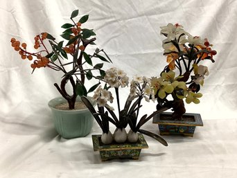 Three Chinese Ming Trees With Semi Precious Stone Leaves And Cloisonne Bases