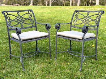 A Pair Of Vintage Cast Aluminum Arm Chairs With Sunbrella Cushions, Possibly Molla