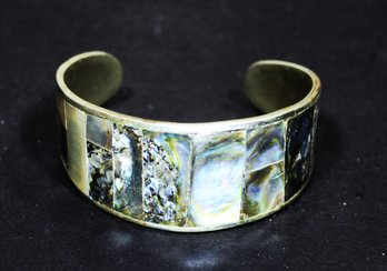 Vintage Mexican Alpaca Silver Cuff Bracelet Inlaid Abalone Shell