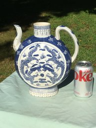 Antique Chinese Qianlong Qing Dynasty Blue & White Porcelain Teapot With Dragons