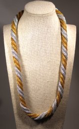 1980s Vintage Silver And Gold Tone Mesh Braided Necklace Designer 24' Long