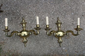 Pair Of Brass Double Arm Candle Wall Mount Sconces