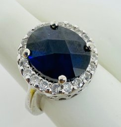 GORGEOUS STERLING SILVER FACETED BLUE SAPPHIRE AND WHITE STONE RING