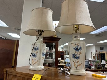 Pair Of Ceramic Lamps With Blue Flowers