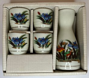 Vintage 1980s Saki Set - New In Box - Made In Japan - Iris - Bird - Decanter & Four Cups