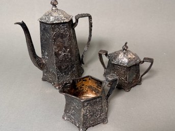 Antique Silver Coffee Pot, Sugar & Creamer