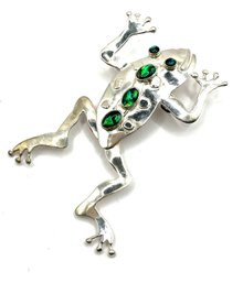 Sterling Silver Hand Finished Signed Green Stone Frog Pendant Brooch/pin