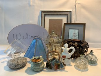 Interesting Lot - Leaded Glass Shade, Light Up Erasable Thought Bubble, Glass Bud Vase, Framed Art, More