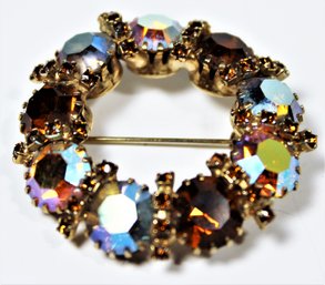 Aurora Borealis Rhinestone Wreath Formed Brooch Pin 2' Wide