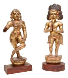 Pair Of Gilt Wooden South Indian Statues 7'W X 5 1/2' D X 21'H