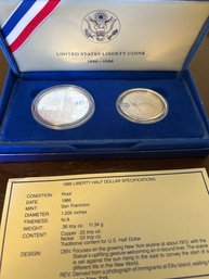 Beautiful 1986-S 2-Coin Statue Of Liberty Proof Commemorative Silver Dollar With Box/COA