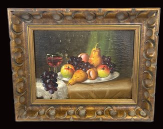 Still Life Oil On Canvas-Fruit And Wine-Signed