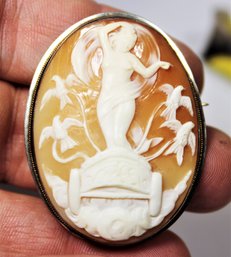 Super Fine Carved Shell Cameo Brooch Set In Silver Goddess In Chariot Pulled By Birds