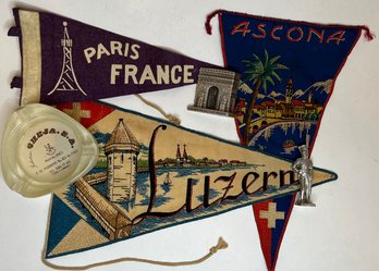 Vintage Lot World Souvenirs - Paris France Pennant Arc Magnet - Ascona Luzern Switzerland -  Mexico Ashtray