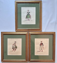 3 Antique Victorian Bals De L'opera French Fashion Hand Colored Engravings By Victor Sorel In Gilded Frames