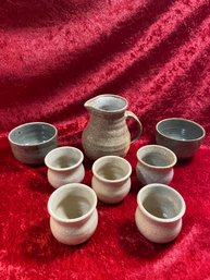 5 Hand Made Earthenware Pottery Drinking Vessels, Pitcher And 2 Bowls