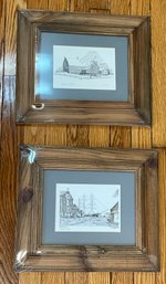 2 Framed Etchings Clark M. Goff ~ Ship And Barn ~