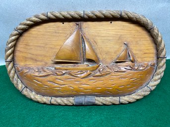 Wonderful Antique Carved 3-D Sail Boats Nautical Plaque With Rope Boarder.