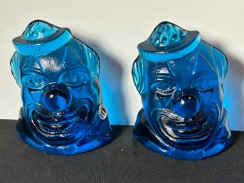 COBALT BLUE GLASS CLOWN BOOKENDS