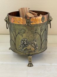 Large Brass And Copper Repousse Firewood Bucket