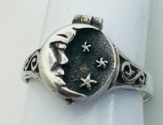 VINTAGE MOON & STAR STERLING SILVER POISON RING