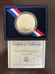Beautiful 1991-S US Mint Commemorative 'USO' Silver Proof Dollar W/Box & COA