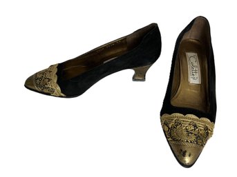 Colette Made In Italy Leather Shoes With Gold Embroidery Toe Detail, Size 35