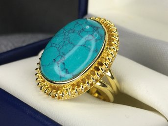 Incredible Brand New Sterling Silver / 925 Cocktail Ring With 18K Gold Overlay With Large Polished Turquoise