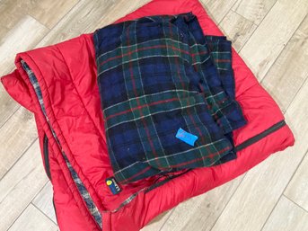 An LL Bean Sleeping Bag And Large Wool Picnic Blanket