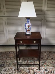 Very Nice Vintage Mahogany One Drawer Side Table And Asian Vase Lamp With Shade - Two Items For One Bid