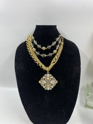 Pairing Of Goldtone & Clear Necklaces