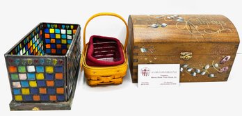 Karen Miller Hand Painted Memory Box, Indian Glass Mosaic Tile Box & Vintage Longaberger Hand Woven Basket