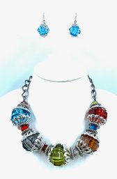 Colorful Silvertone & Acrylic Necklace & Earring Set