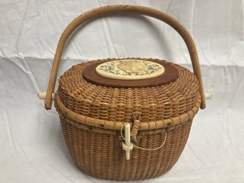 Signed Nantucket Basket With Scrimshaw Panel, Carved Shell And Lined Interior