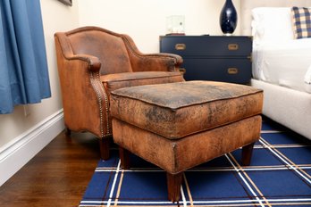 Fairfield Chair Company  Distressed Faux Suede Charcoal And Rust Chair With Silver Nailhead Trim And Ottoman
