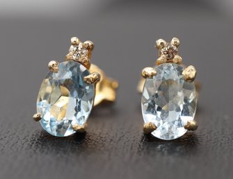 Wonderful Aquamarine & Diamond Accent In 14k Yellow Gold Stud Earrings