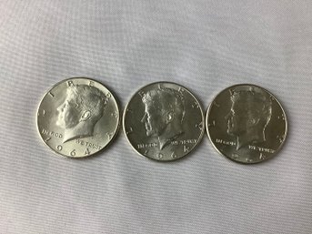 3 - 1964 Kennedy Half Dollars (Close Or Maybe Even BU's) 90 Percent Silver