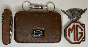 Vintage Car Lot: MG Belt Buckle - Subaru KeyChain Box - St Christopher - Elegant Motor Keyring - Pocket Knife