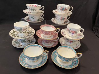 12 Pc Assorted English China Teacups & Saucer Sets  - Wedgewood, Crown Stafforshire