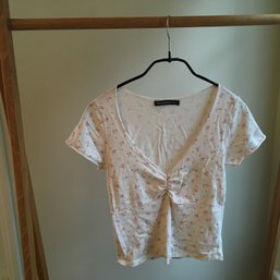 BRANDY MELVILLE, Cotton Jersey V-Neck Shirt,Cream, Pink Floral Detail, One Sz., Made In Italy