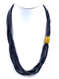 Alluring Deep Blue Bead Multistrand Necklace W/ Single Butterscotch Accent Bead