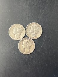 3 Mercury Dimes 1945, 1945-D, 1945-S