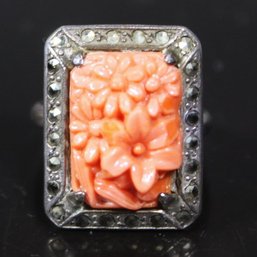 ART DECO CORAL COLORED STONE MARCASITE RING W FLOWRES SIZE 4