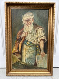 Vintage Oil Painting On Board, Moses Stroking His Beard (a)