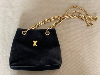 VINTAGE AUTHENTIC PALOMA PICASSO SMALL BLACK SUEDE BAG WITH HEAVY GOLD CHAIN STRAP