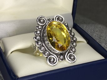 Gorgeous Brand New Sterling Silver / 925 Cocktail Ring With Large Yellow Topaz - Super Ornate Setting ! WOW !